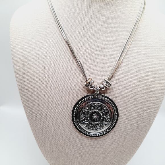 Chico’s Silver Tone Snake Chain Necklace w/ Large Pendant & Rhinestone Charms - Picture 2 of 10